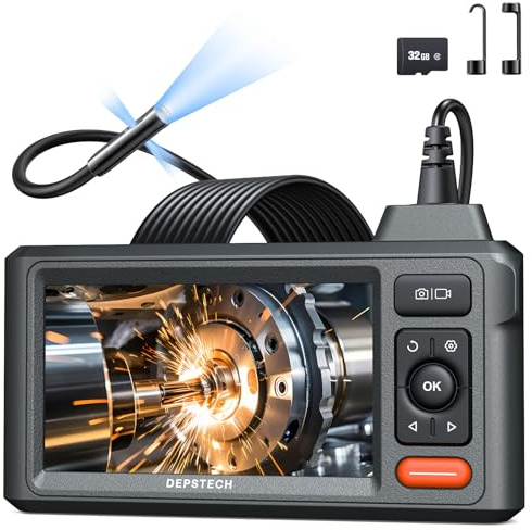 DEPSTECH Triple Lens Inspection Camera, 5 Display HD Endoscope with Light, 5m Flexible Waterproof Snake Camera Cable, Industrial Borescope for Car, Wall, Drain Pipe, Plumbing, Home Inspection