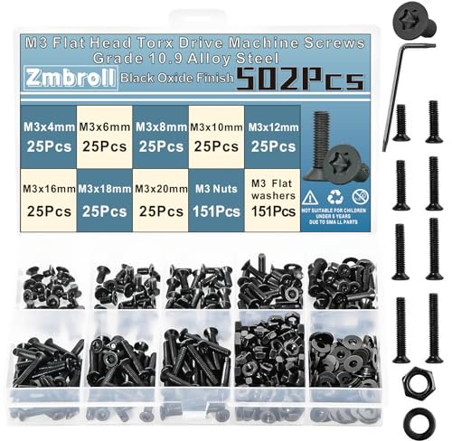 Zmbroll M3 Flat Countersunk Head Torx Drive Machine Screws 502Pcs Black Grade 10.9 Alloy Steel M3x4/6/8/10/12/16/18/20mm Star Drive Fully Thread Screw Fasteners Nuts Washers with Wrench