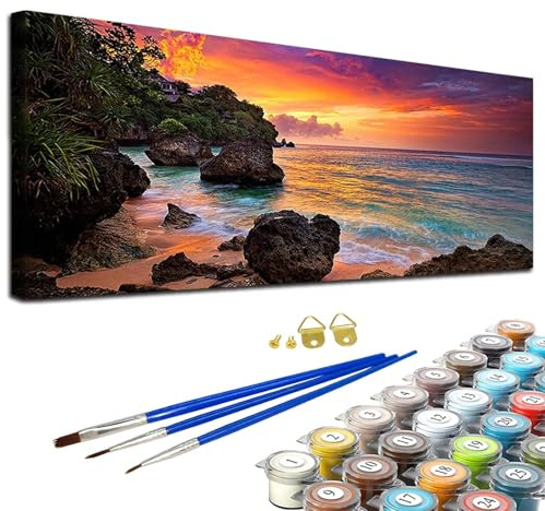 JATOK Paint by Numbers for Adults, Beach Sunset, 90 x 40 cm, Unframed | Large rolled coloured pre-printed canvas, acrylic painting kit, beginner DIY craft, unframed wall décor, landscape design