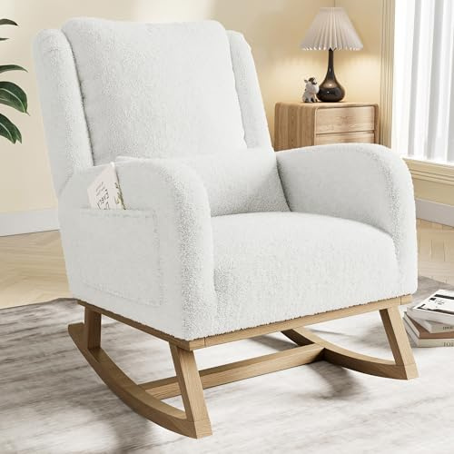 MOTUZP Schaukelstuhl, für Wohnzimmer, Relaxsessel, Schaukelstuhl, Stillstuhl, mit Beinen aus Massivholz, für Wohnzimmer, Balkon (weiß + Teddy Velvet)