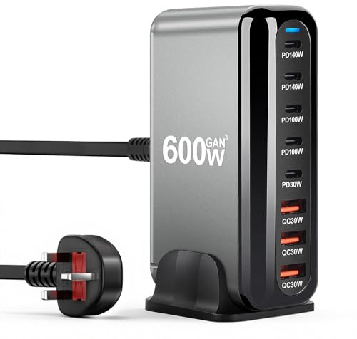 600W USB C Charging Station Hub, 8-Port GAN Charger Station, USB Multi Charger with 5 USB-C & 3 USB-A Ports, Fast Charging Hub, Compatible with Pad, Phone, Laptop, Tablet
