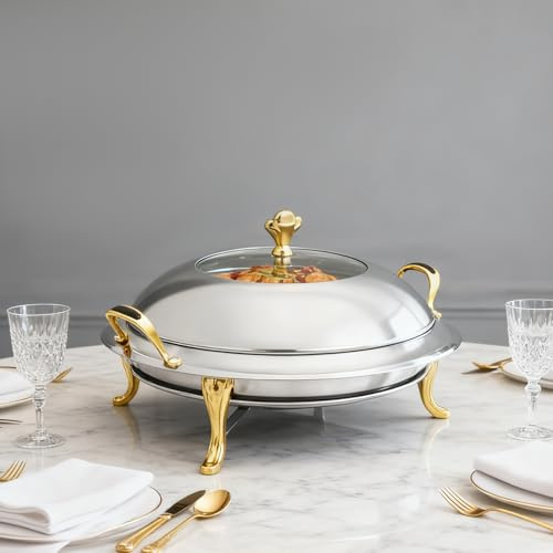 YIEMJS Rund Chafing Dish 3L | Speisenwärmer Edelstahl Buffet | Wärmebehälter | Suppenwärmer | Bain Marie Speisen, Warmhaltebehälter | für Restaurants, Buffets, Schulen