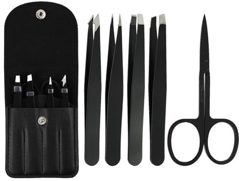 Juego de 5 pinzas de depilar profesionales de acero inoxidable, pinzas de precisión negra con revestimiento antideslizante, funda de piel incluida para cejas, pelo encarnado y cuidado facial