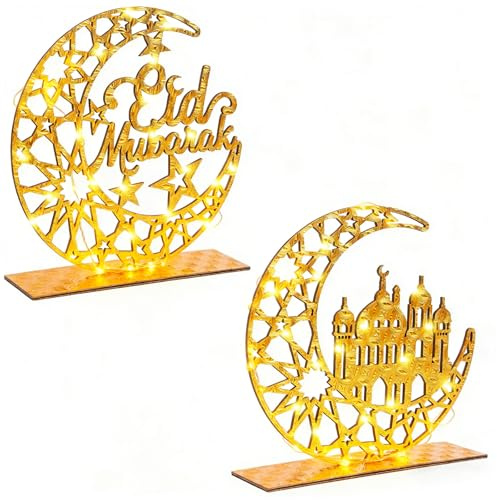 2 PCS Ramadan Table Decorations, Eid Mubarak Ornaments with 2m LED Light String, Wooden Hollow Moon Stands Alone Ramadan Decorations for Muslim Islamic Party