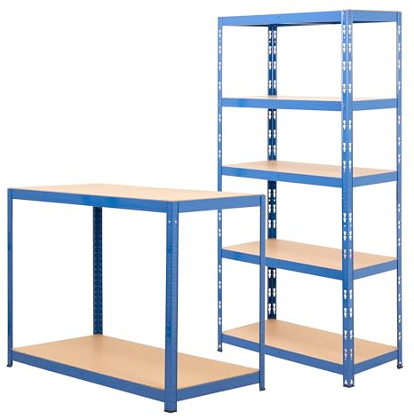 BiGDUG Garage Storage Kit - 1x Shelving Unit & Workbench - 5 Tier Shelves 150kg UDL 1780H x 900W x 400D mm - 300kg UDL Workbench - Blue