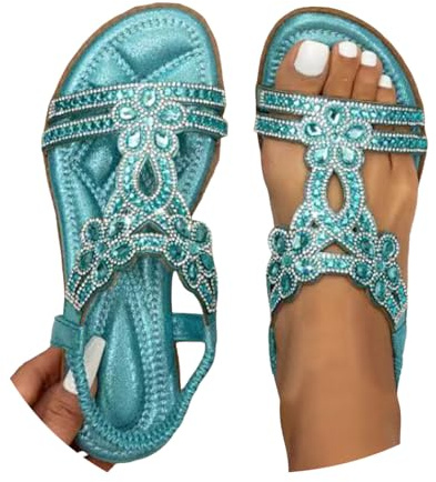Générique Sandales Femme Été Confortable Nu Pieds T-Strap Bride Élastique Cheville Ouvert Bout Chaussure Plage Strass Cristal Florals Casual Femmes Habillées Plat Fleur Cuir Bohème,Hellblau,39