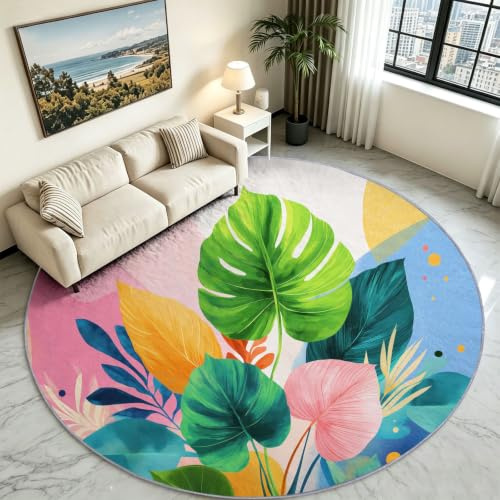 Matta med kort lugg vardagsrum 180 cm rund vit, tvättbara mattor, söta fönsterblad färgblock, halkfritt underlag fluffig och mjuk för matsal och sovrum barnrum matsal kontor hall