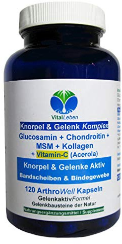 Knorpel & Gelenke Komplex + Vitamin-C 120 ArthroWell Gelenk-Kapseln – Natürliche Gelenkbausteine Glucosamin + Chondroitin + MSM + Kollagen. 26442-1
