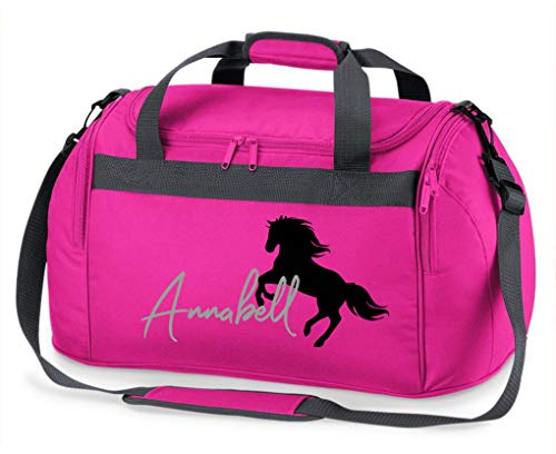 Borsa da equitazione con stampa del nome personalizzabile | motivo cavallo che cresce con nome | Borsa da viaggio e da sport per ragazze per equitazione in diversi colori (fucsia))