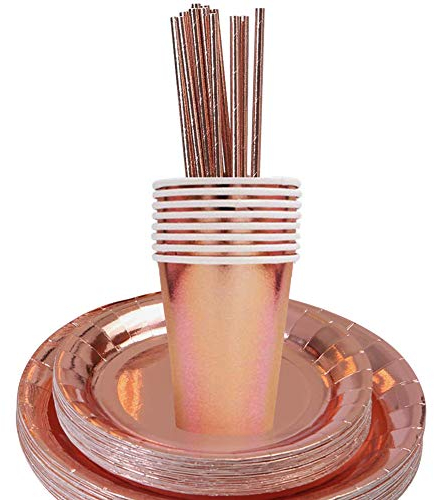BESLIME Vaisselle De Fête en Or Rose Vaisselle d'anniversaire Décoration De Fête Assiettes, Pailles en Papier Et Tasses pour Fêtes Baby Shower Noël Mariage Anniversaire,49 Articles