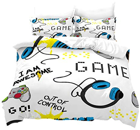 Juego de Cama de Impresión de Creative Gamer Funda de Almohada Funda Nórdica 3D Gamepad de Controlador de Juego Electrónico Edredón para Niños Chico Adolescente (Blanco, 180x210cm Cama 90 cm)