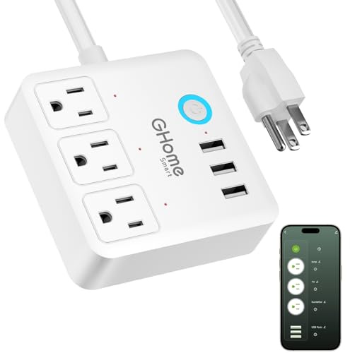 GHome Smart Power Strip Surge Protector 10A, Smart Plug that Works with Alexa & Google Home, 6 in 1 WiFi Outlets with APP Control, White Extension Cord 2.4G WiFi Only, ETL FCC Listed, No Hub Needed