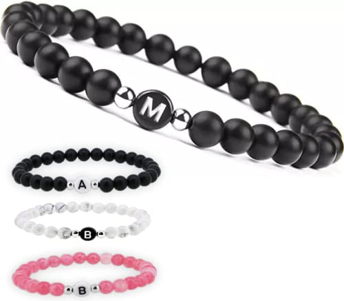 Partnerarmband Personalisierte Pärchen Namensarmbänder | Edelsteine Onyx Howlith6mm | Perlenarmband | Partnerarmbänder individueller Buchstaben Armband A-Z Freundschaftsarmband Geschenk couple
