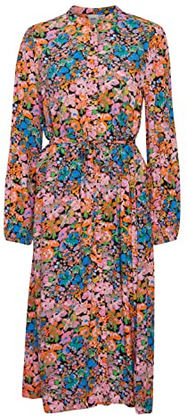 ICHI IHDUNALA DR Damen Freizeitkleid Kleid 100% Viskose Midi-Blusenkleid mit Gürtel Langarm Regular-Fit, Größe:38, Farbe:Pink Multi Flower (201341)