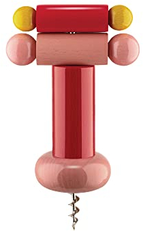 Alessi un Brindisi Disegnato ad Arte ES17 2 - Sacacorchos de Diseño en Madera de Haya, Roja, Amarilla y Rosa