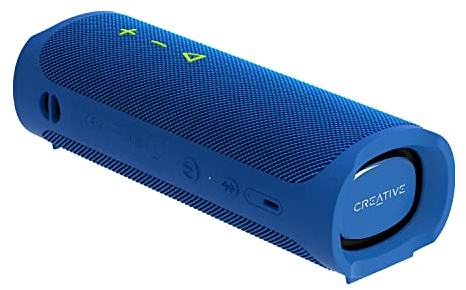 CREATIVE MUVO Go Tragbarer wasserdichter Bluetooth-5.3-Lautsprecher mit bis zu 18 Stunden Akkulaufzeit, wasserdicht gemäß IPX7 und mit starker Bassleistung, kabellose Stereoverbindung (Blau)
