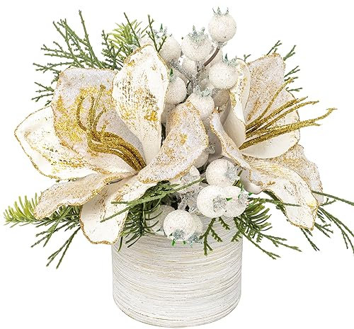 Mini Tabletop Weihnachtsbaum Kunstpflanze im Topf Weihnachtsdeko mit Weiß Magnolie und Beeren für Weihnachtsdekoration Wohnkultur Küche Esstisch, Dekopflanze Zimmerpflanze Tischdeko