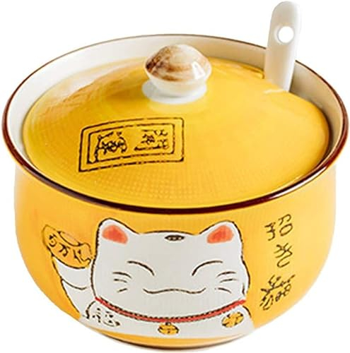 GImLY Pot de Stockage de sel de Bol de Sucre de Chat Porte-Bonheur Japonais en céramique avec Le Couvercle et la cuillère