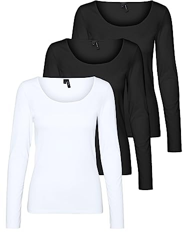 VERO MODA Damen VMMAXI My LS Soft UNECK NOOS 3-Pack, Black/Black & Bright White, M