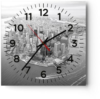 Modern Wanduhr New York Landschaft Die Architektur 40x40cm Quadrat Groß Wand Uhr Glas Analog Zimmeruhren Küche Büro Wohnzimmer Glasuhr Wall Clock Dekoration Design Küchenuhr C4AC40x40-5294