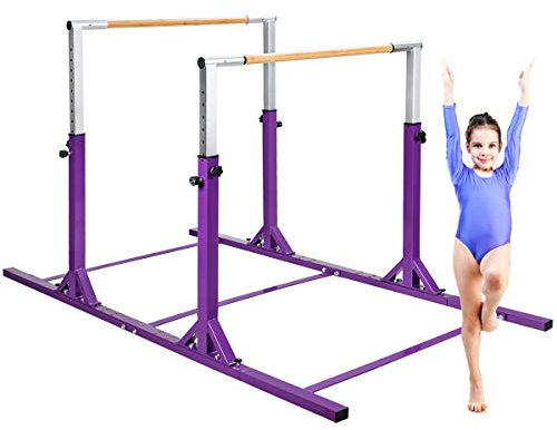 GYMAX Double Barre de Gymnastique Réglables en Hauteur et Distance, Barre de Danse Robuste Stable en Métal et Bambou, pour Enfants de 6-12 Ans, Barre pour Entraînement, Fitness (Violet)