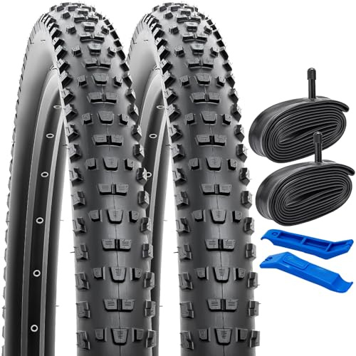 YunSCM 2er-Pack Faltbare 27.5 Zoll Reifen 27.5x2.25 Mantel 57-584 und 2er-Pack 27.5'' Schlauch AV32mm Ventil kompatibel 27.5x2.125 27.5x2.25 27.5x2.35 Fahrradreifen und schlauche