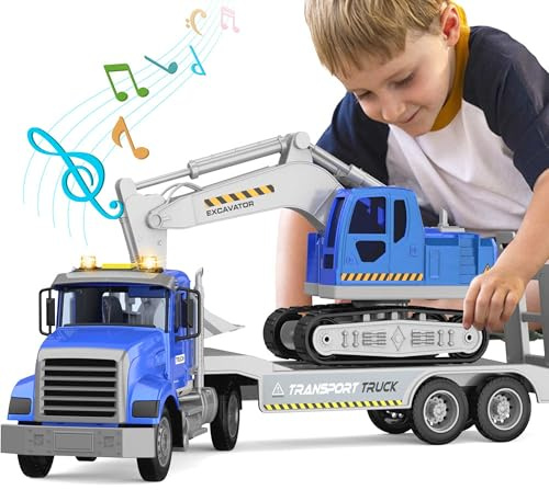 DOWELLIN Transports Trucks Kids Toys, 22 Large Semi Truck Toy Carrier and Excavator Truck with Sound&Light,Friction Powered Cars Toys Birthday for Boys Girls 3 4 5 6 7 8