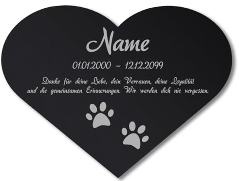 Paule Black Personalisierter Tier Herz Grabstein Grabschmuck mit Text Gravur - Acrylglas Schwarz Hochglanz 200 x 150 mm - wetterfest, für Hunde, Katzen und alle Haustiere, individuell