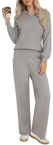 Totatuit Conjunto Punto Mujer 2 Piezas Conjunto de Salón de Manga Larga Color Sólido Conjunto Mujer Vestir Dos Piezas Top y Pantalon Deportivo Suelto Conjuntos Gris M