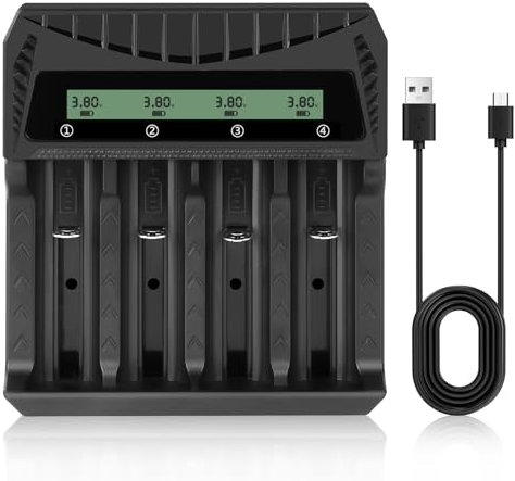 AXFEE 18650 Battery Charger, Universal Fast 18650 Rechargeable Batteries Charger with LCD Display, 4 Slot USB-C Battery Charger, Suitable for 21700 26650 16340 18500 14500 16340 AA AAA Battery