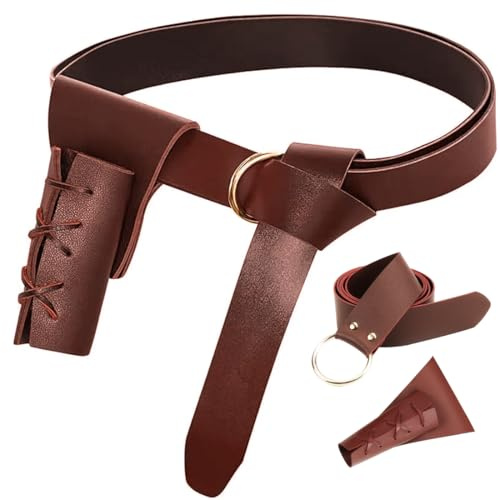 Ceinture médiévale en cuir synthétique + étui pour épée en cuir, ceinture médiévale, ceinture viking, porte-épée, ceinture vintage en cuir synthétique et ensemble de poches latérales, Jaune/marron