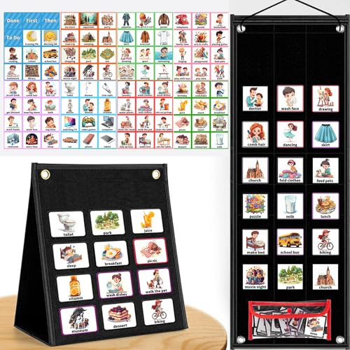 SQAQS Visual Timetable, Children Daily Routine Chart with 96 PECS Cards, Preschool Daily Routine Sheet, Visual Timetable for Kids Daily, 2-in-1 Learning Aid Picture Cards, for Home School(Black)