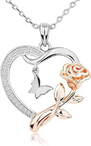Rose Blume & Herzanhänger Kette Silber für Frauen und Mädchen - Geschenke für Valentinstag, Geburtstag, Muttertag, Hochzeitstag