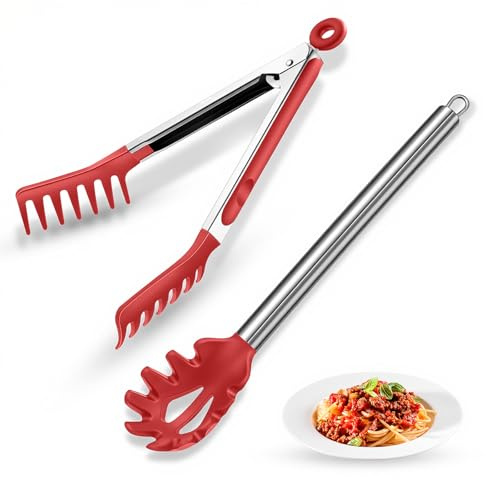 Spaghetti-Löffel und Nudelzange, antihaftbeschichtet, 33 cm, Silikon-Spaghetti-Gabel und 24 cm Edelstahl-Griff, Spaghetti-Zange, Lebensmittel-Clip für Spaghetti-Nudeln, 2 Stück