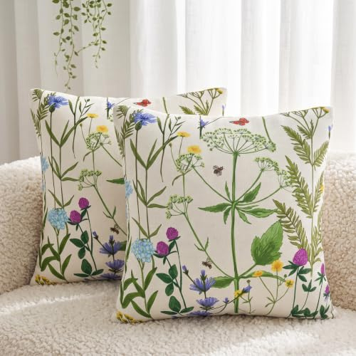 DILOXNSU Cushion Covers 45 x 45 cm Colorful Wild Herbs Flowers Set of 2 Double Sided Pillow Covers 18x18 Inch Decorative Cushions Cases Linen Home Decorations Farmhouse Sofa Couch Outdoor Decor