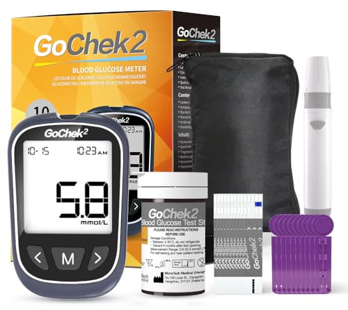MicroTech Blutzuckermessgerät Set mit 10 Teststreifen & Lanzetten, ohne Codierung, 500 Speicher, breiterer HKT für die Familie (mmol)
