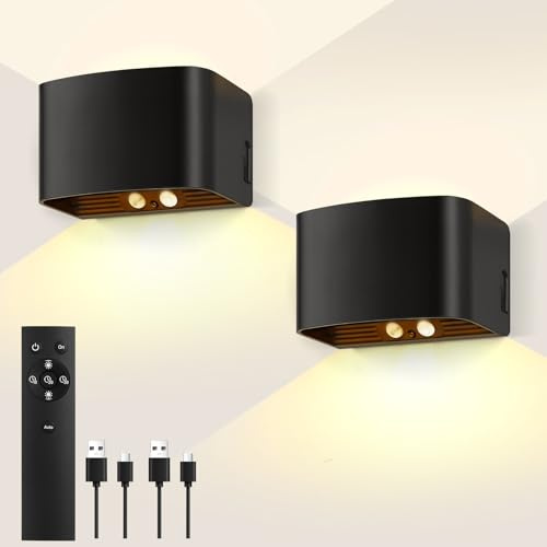 VIIIVA 2 Stück Akku Wandleuchte Innen mit Bewegungssensor, 3000K Helligkeit Einstellbar Innen LED Wandleuchte mit Fernbedienung, Einstellbarer Lichtstrahl Wandlampe für Schlafzimmer Wohnzimmer Schwarz