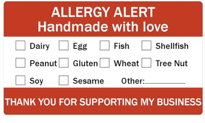 500 Pcs Food Allergy Stickers, Red, 1.25×2.25 inch | Allergen Warning Stickers, Handmade with Love Labels, For Bakery, Restaurant, Catering Use