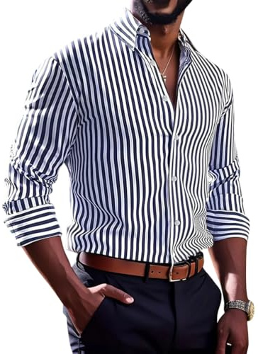 Oanviso Camicia Uomo a Righe Maniche Lunghe Maglietta T-Shirt da Business Slim Fit Nozze Formale Shirts Elegante Costume Party Blusa Smoking Camicetta A Blu XXL