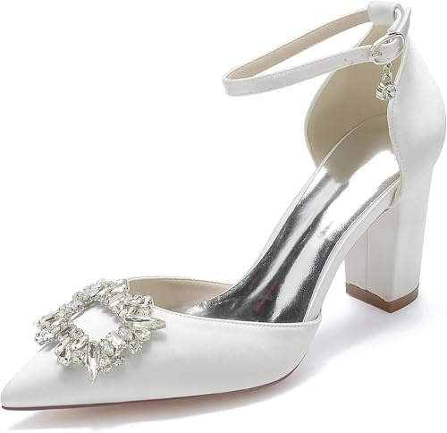 Zapatos De Novia para Novia Zapatos De Vestir Tacón Grueso Sandalias De Tacón Sandalias De Tacón Zapatos De Tacón Cerrados con Punta Puntiaguda para Novias Sandalia De, White, 5.5 UK