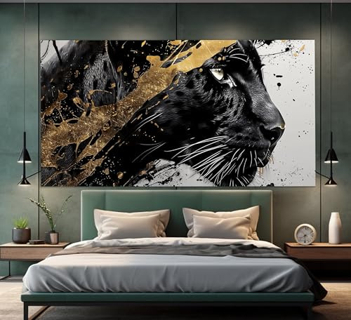 CAOXTART Stampa su tela con dipinto a olio astratto di pantera nera, arte murale con animali in oro nero, poster di lusso per interni, decorazione per la casa (60x120 cm/cornice interna)