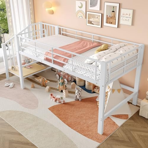 Lexiou 90x200 cm Halbhohes Hochbett mit Stauraumtreppe, Kinderbett mit Integriertem Stauraum, Metall-Loft-Bett für Jungen & Mädchen, inkl. Lattenrost, Leichte Montage, Platzsparend (Weiß)