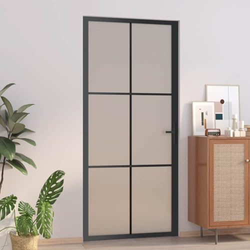 QJBSAVVA Innentür 93x201,5 cm Schwarz Mattglas & Aluminiumrahmen Tür mit Zarge Modernes Design für Wohnzimmer Flur Schlafzimmer Büro