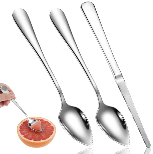 Cobee 3 Pcs Grapefruit Spoons and Knife Set, Stainless Steel Serrated Grapefruit Utensil Silver Kitchen Cutting Utensil Tool Fruit Spoon for Citrus Lemon Kiwi Melon Lime Fruit Puree Dessert