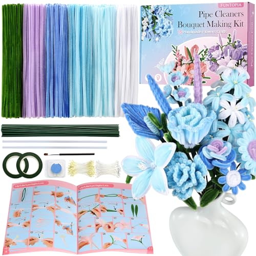 Funtopia Pfeifenreiniger Blumen Set, Anleitungs mit 15 Blumen-Designs, Blau | 540 Stück Pfeifenputzer zum Basteln, Set inkl. Chenilledraht, Blütenstempel, Blumendraht & Klebeband, DIY Blumenstrauß