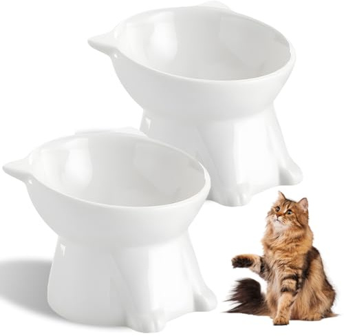 2 Pezzi Ciotole per Gatti Rialzate e Inclinate, Ciotola Acqua Gatto Inclinata di 15°,facile da Pulire,Base Stabile, Adatta a Gatti e Cani di Piccola Taglia(Bianco)