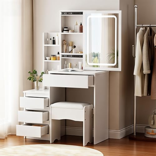 ZBAUK Dressing Table with LED Lighting Mirror, 3 Lighting Modes Adjustable Brightness,Vanity Table,Makeup Desk with 4 Drawers and 3 Storage Shelves, Modern White (A3)