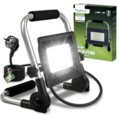 Lumiled byggspotlight LED med stativ 50 W 5 000 lm arbet 4000 K IP65 vattentät bärbar verkstad för garage byggplats utomhus robust strålkastare kabel 1,5 m