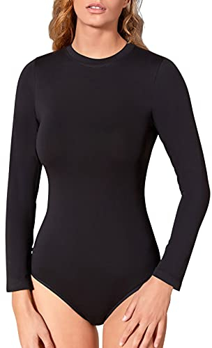 VEDATS Damen Body Langarm Rundhals Bodysuit Top Unterhemd (XL, Schwarz)