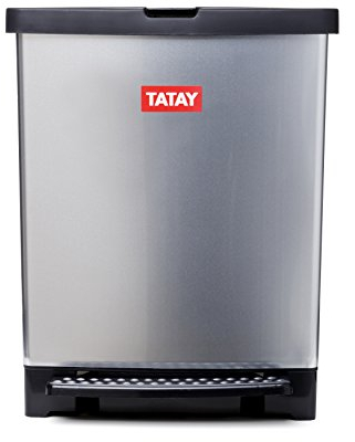 TATAY Pattumiera Cucina con Pedale 25L | Interno ed Esterno | Per Sacchetti da 30L | Plastica Resistente Senza BPA | 33,5x31x42 cm, Grigio Metallizzato